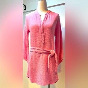 LA MADE Pink Sonia Belted Gauze Long Sleeve Mini Shirt Dress S